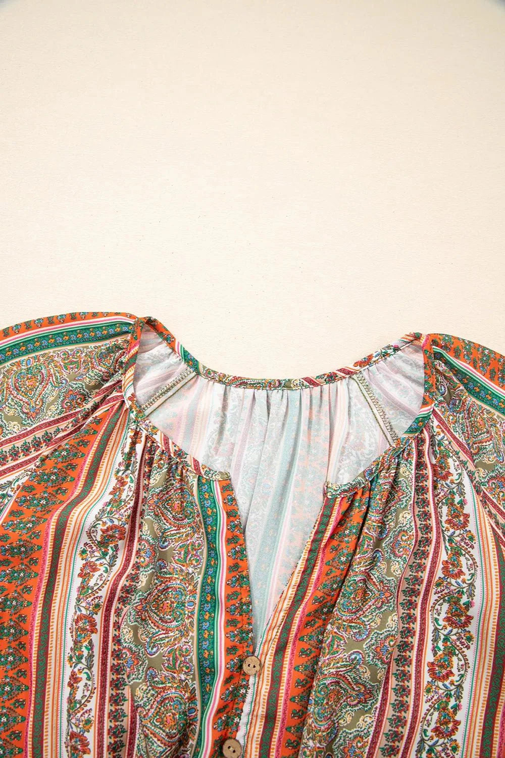 Bohemian Floral Dress with Buttoned V Neck and Ruffle Tiered Design