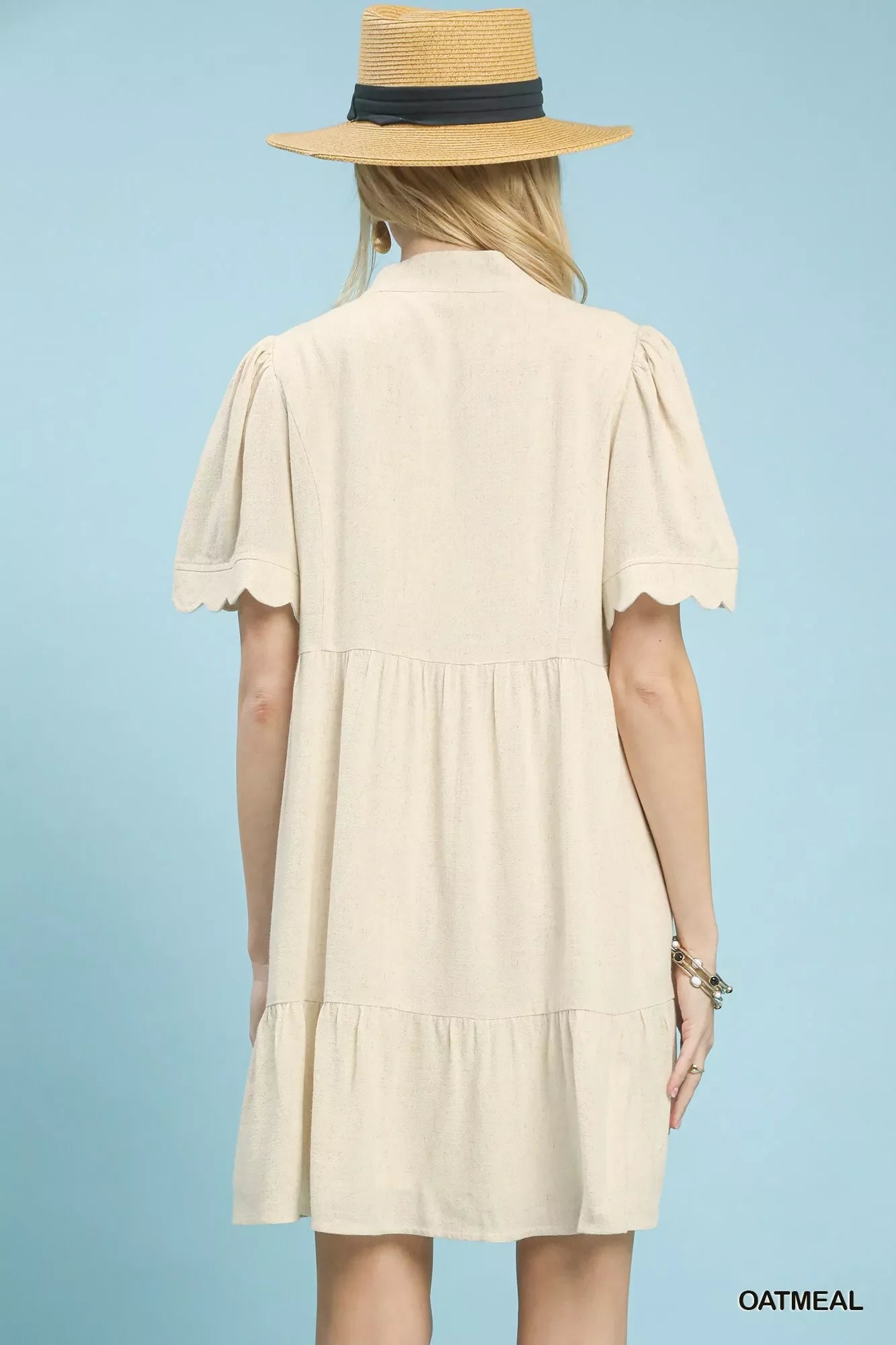 Umgee Linen Babydoll Dress with Scalloped Sleeves - Tiered Style