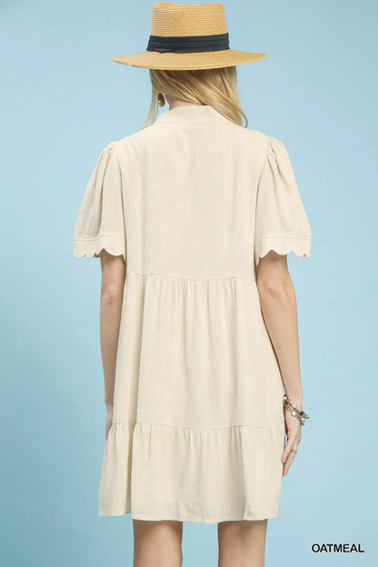 Umgee Linen Babydoll Dress with Scalloped Sleeves - Tiered Style