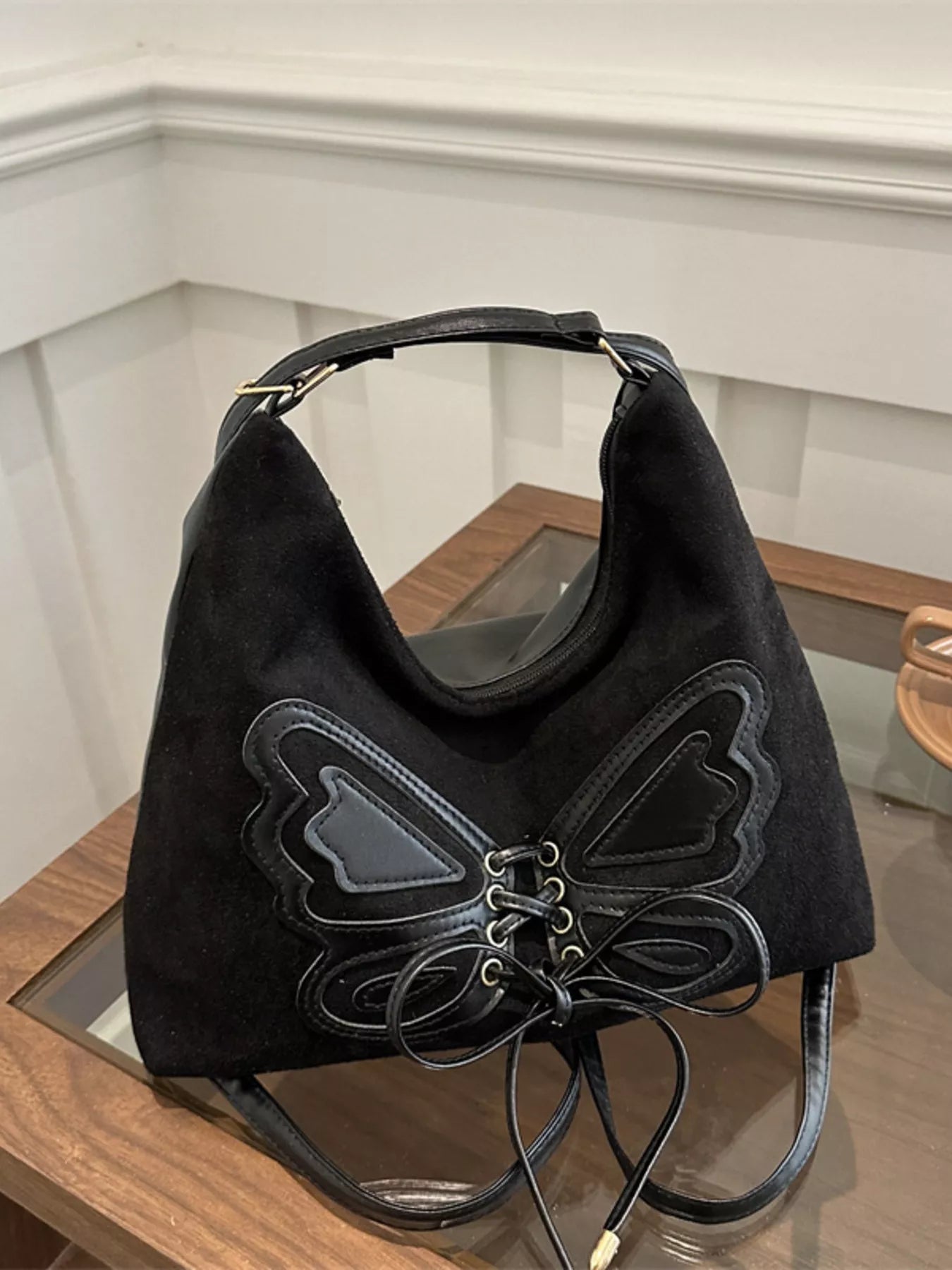 Butterfly Decor Shoulder Bag with Lace-Up Design