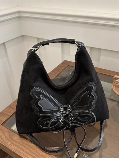 Butterfly Decor Shoulder Bag with Lace-Up Design