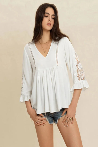 V-Neck Lace Top with Flounce Sleeves