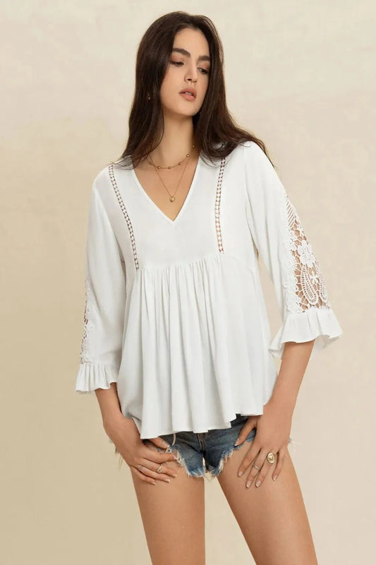 V-Neck Lace Top with Flounce Sleeves