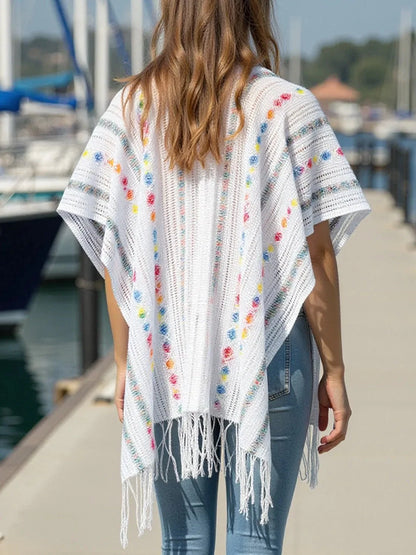 Openwork Fringe Knit Cape with Open Front Design