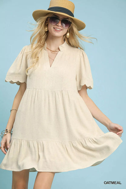 Umgee Linen Babydoll Dress with Scalloped Sleeves - Tiered Style