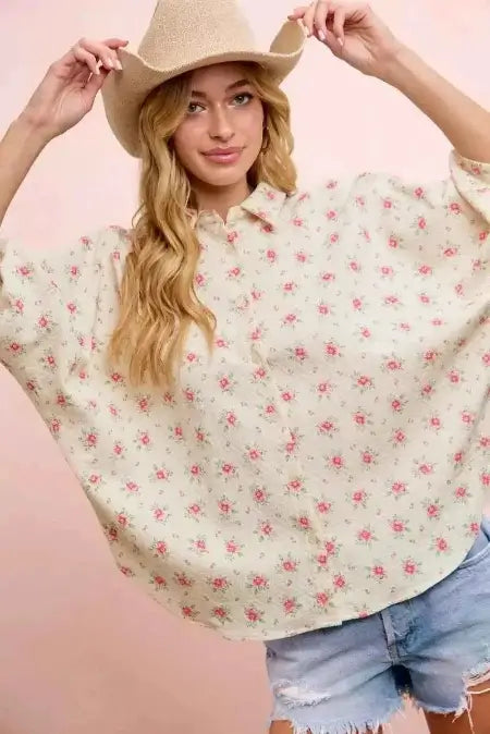 BiBi Flower Printed Short Dolman Blouse