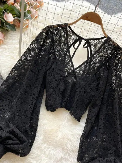 Refined Boho Lace Tie Back Long Sleeve Top