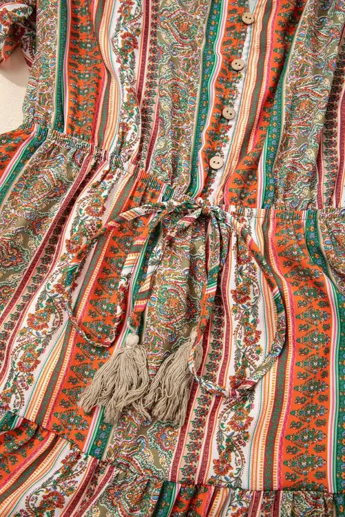 Bohemian Floral Dress with Buttoned V Neck and Ruffle Tiered Design