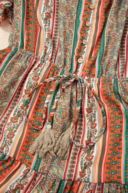 Bohemian Floral Dress with Buttoned V Neck and Ruffle Tiered Design