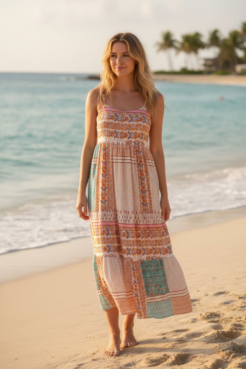 Mint Patchwork Square‑Neck Sundress – Lightweight Boho Summer Dress
