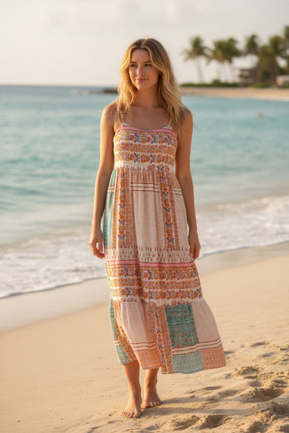 Mint Patchwork Square‑Neck Sundress – Lightweight Boho Summer Dress