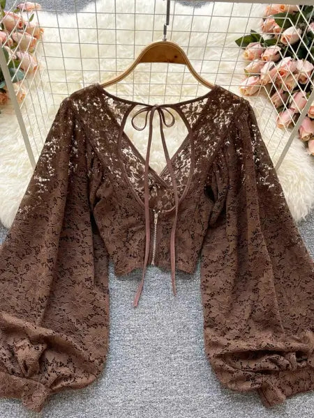 Refined Boho Lace Tie Back Long Sleeve Top