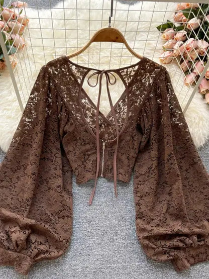 Refined Boho Lace Tie Back Long Sleeve Top
