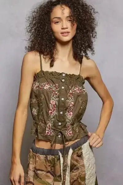 Button Down Floral Embroidered Cropped Cami with Lace Detail