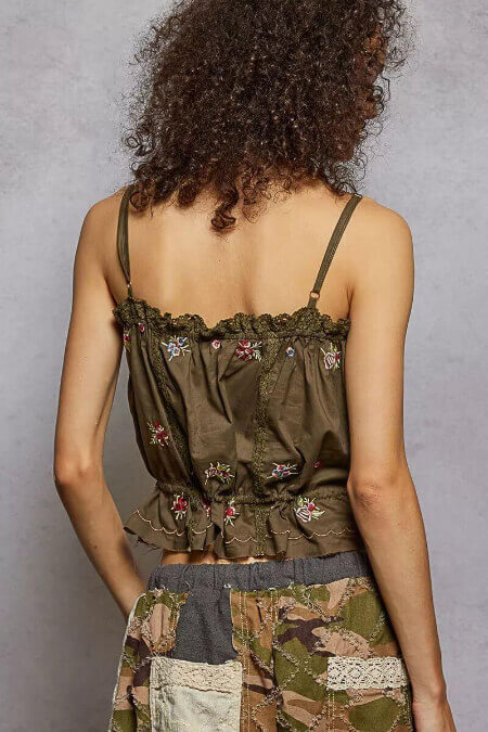 Button Down Floral Embroidered Cropped Cami with Lace Detail