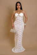 Exquisite Oceana Glow & Pearls Crochet Beachside Maxi Dress- White