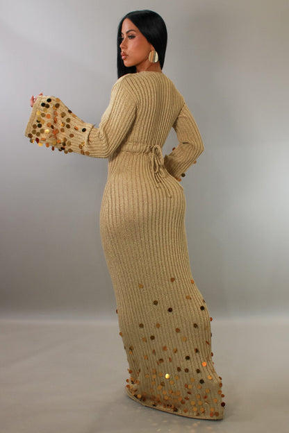 Classy Moment Glistening Sequin Maxi Dress- Gold