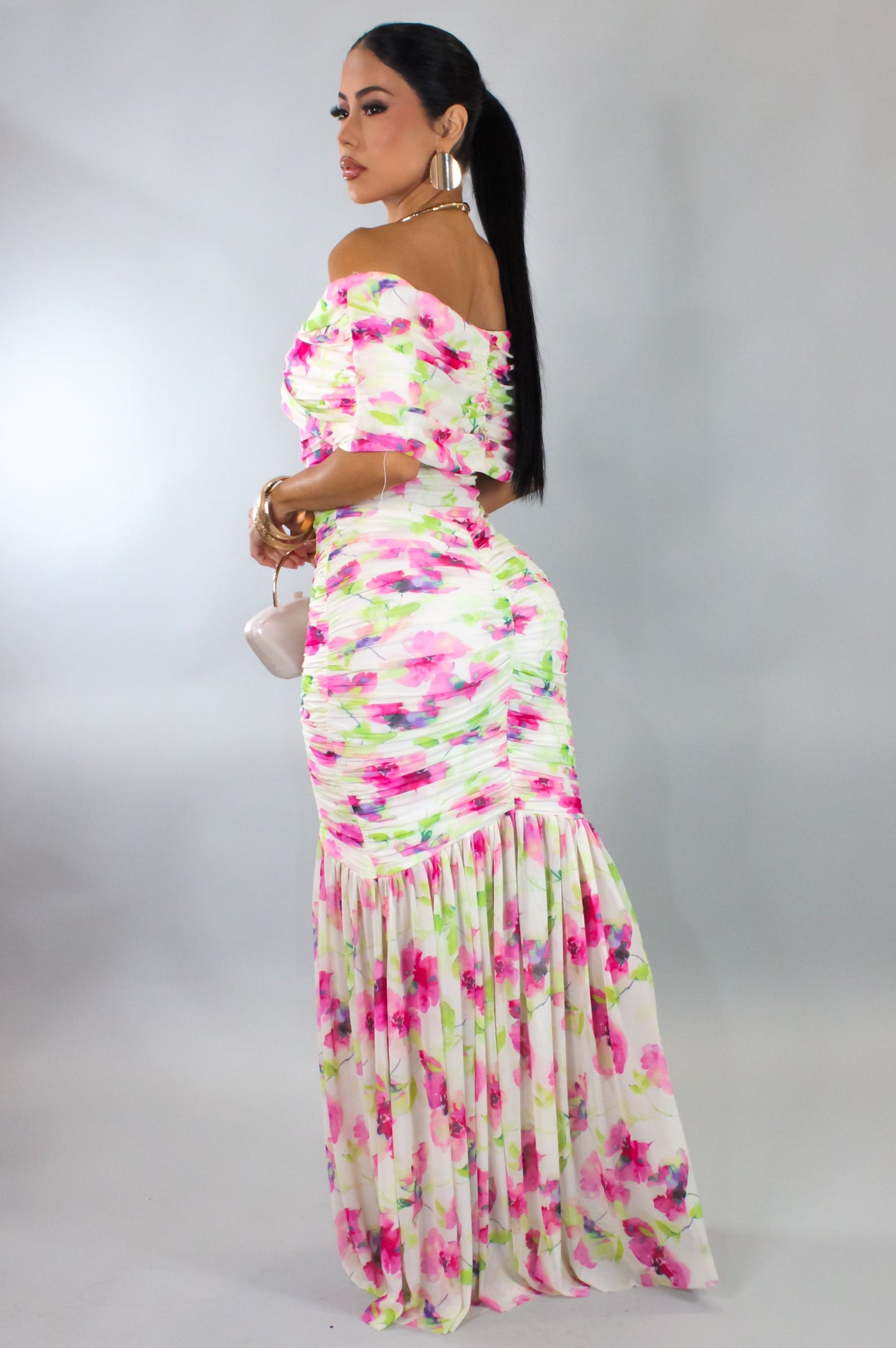 Bouquet of Flowers Off Shoulder Maxi Dress- Pink