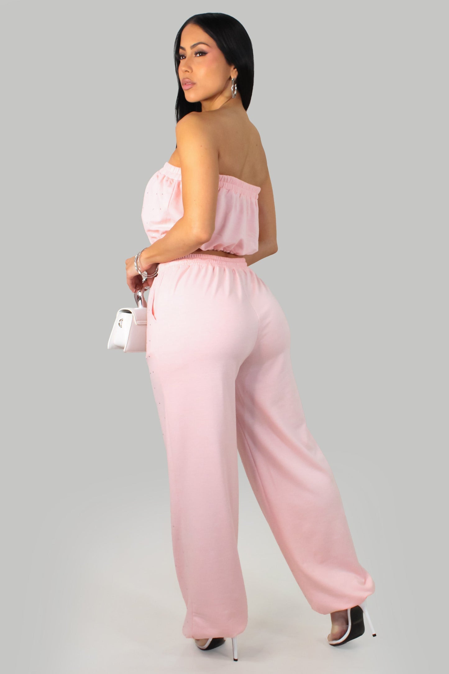 Rhinestone Bling Pants & Cropped Top Set- Pink