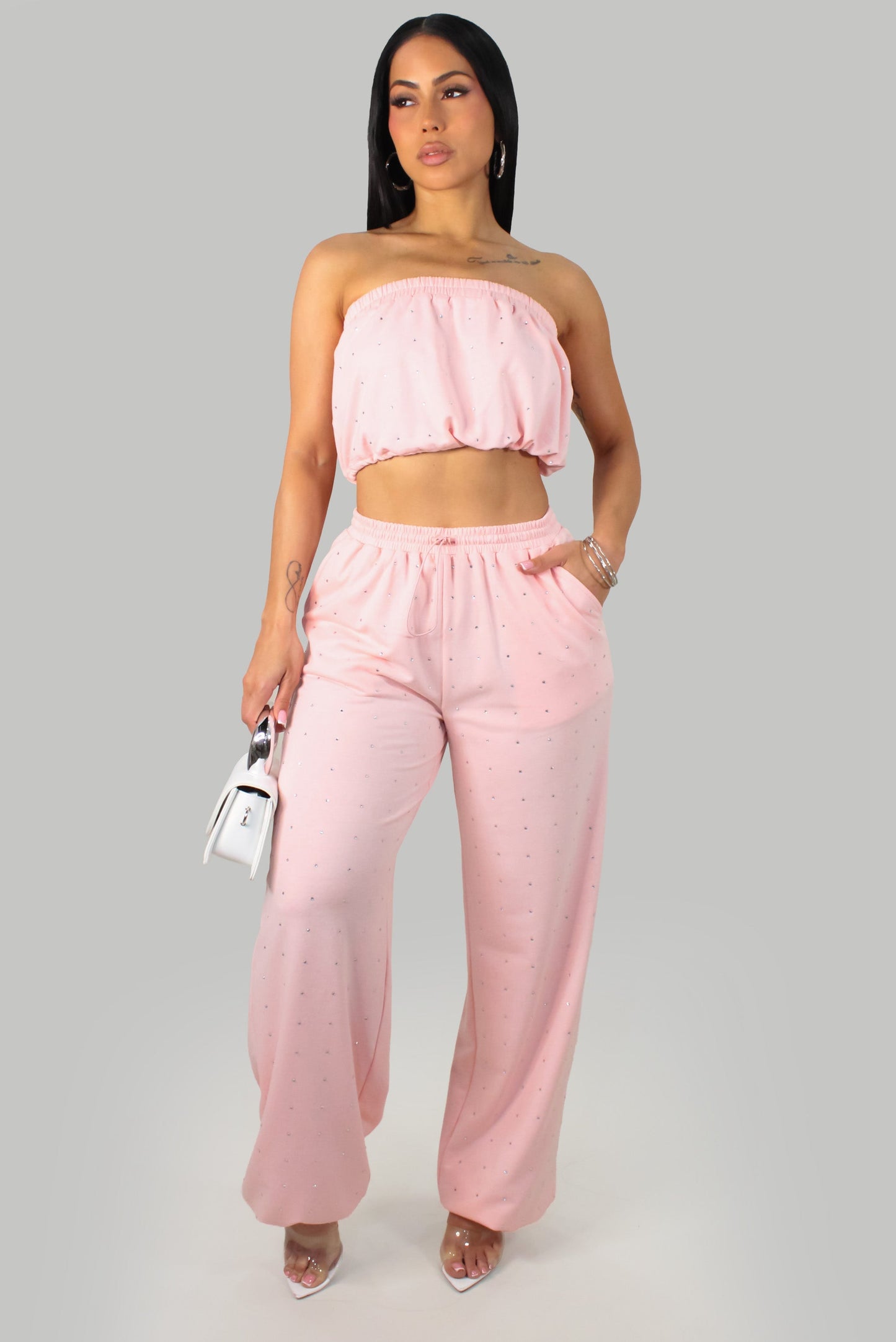 Rhinestone Bling Pants & Cropped Top Set- Pink
