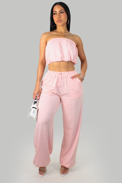 Rhinestone Bling Pants & Cropped Top Set- Pink
