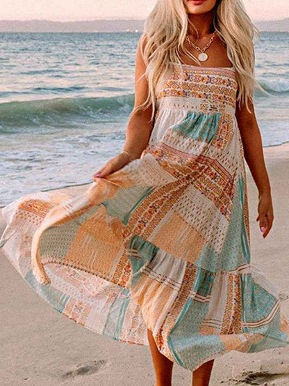 Mint Patchwork Square‑Neck Sundress – Lightweight Boho Summer Dress