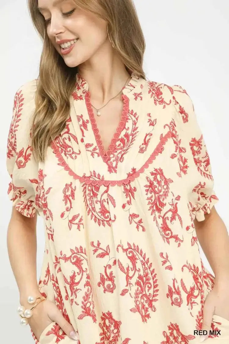 Mix Paisley Scallop Trim Dress
