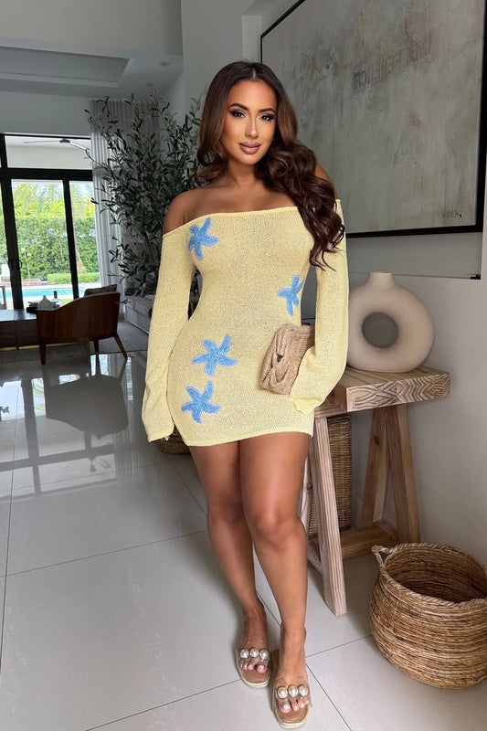 Embroidered Starfish on Seas Mini Off Shoulder Dress/Swimwear Coverup Dress