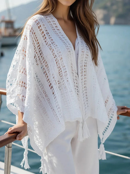 Openwork Tassel Open Front Knit Cover Up for Effortless Style
