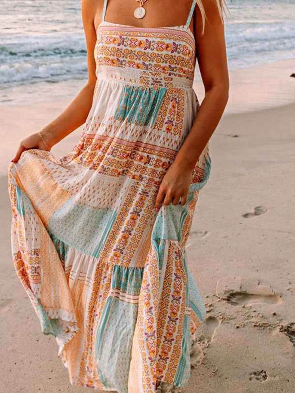 Mint Patchwork Square‑Neck Sundress – Lightweight Boho Summer Dress