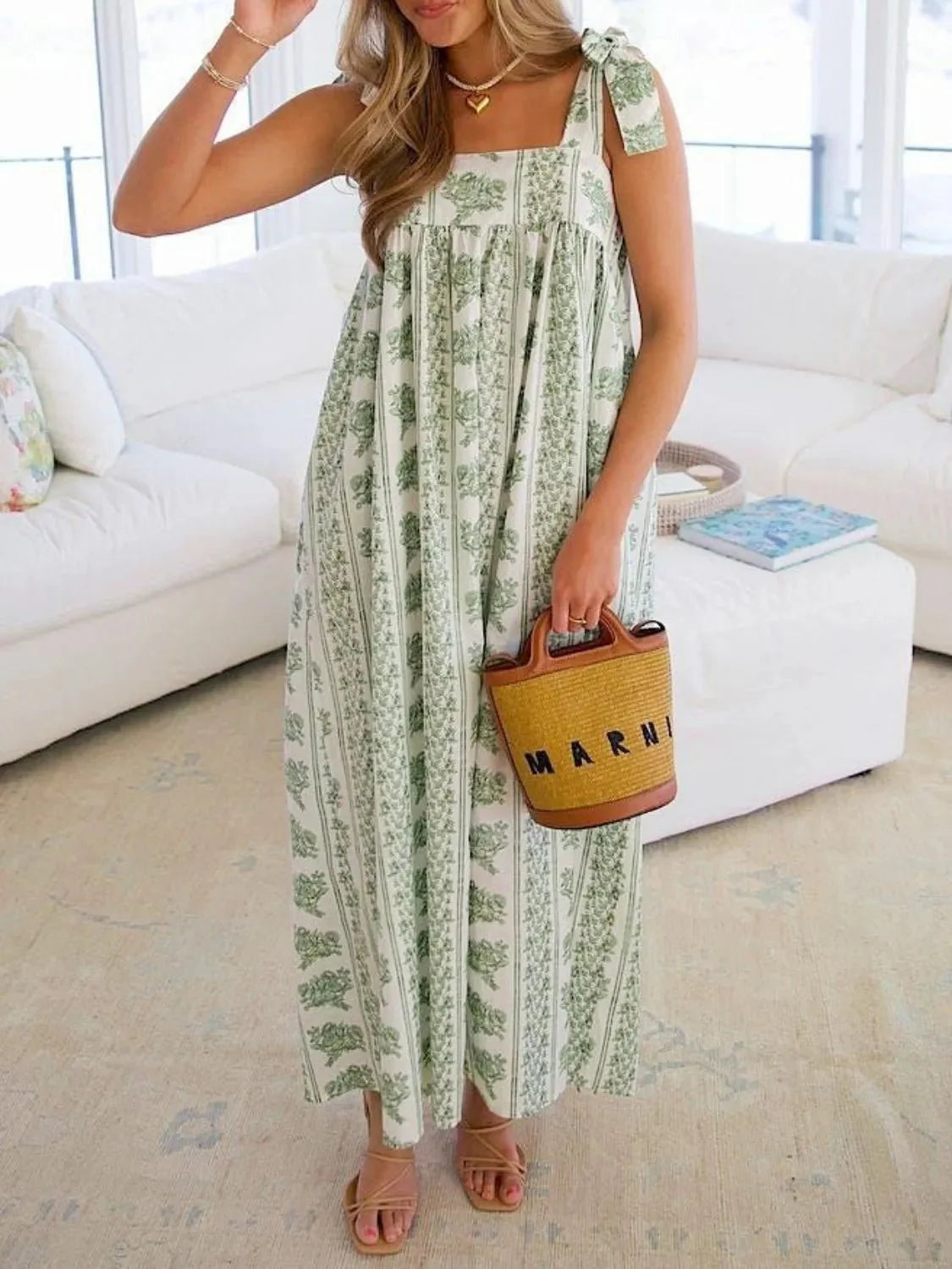 Printed Midi Dress with Square Neck - Stylish and Versatile Fashion Choice