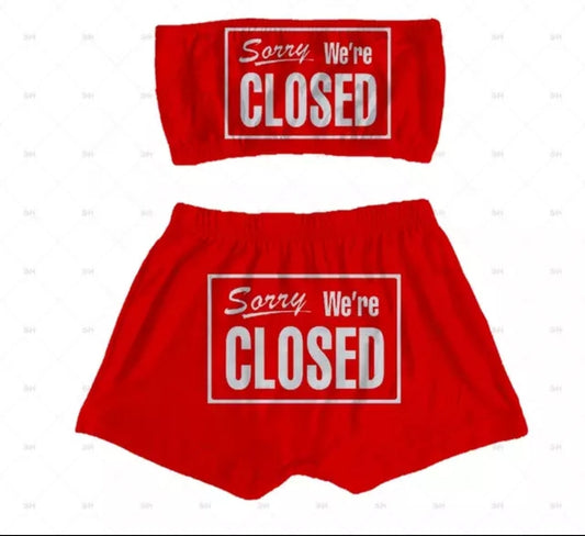 "Sorry We're Closed" Sleepwear Snack Booty Shorts & Tube Top Set