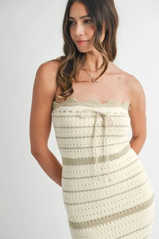 MABLE Contrast Striped Crochet Knit Midi Dress