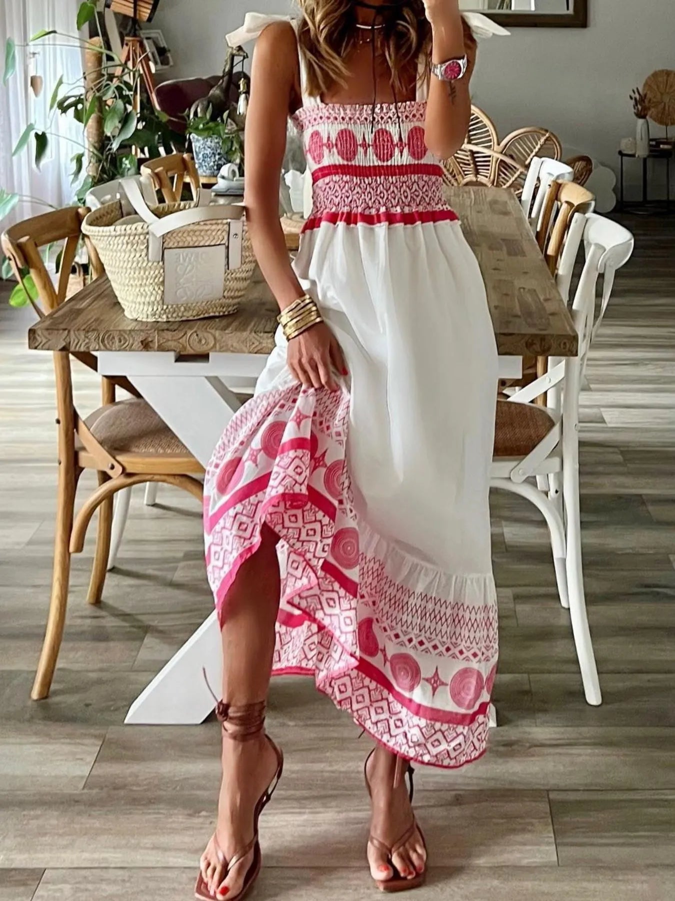 Smocked Printed Maxi Dress with Tie Shoulder Detail