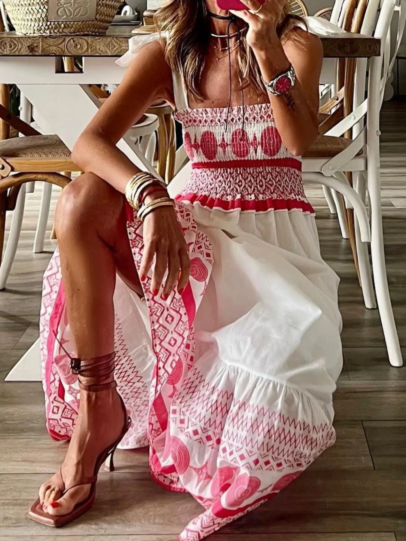 Smocked Printed Maxi Dress with Tie Shoulder Detail