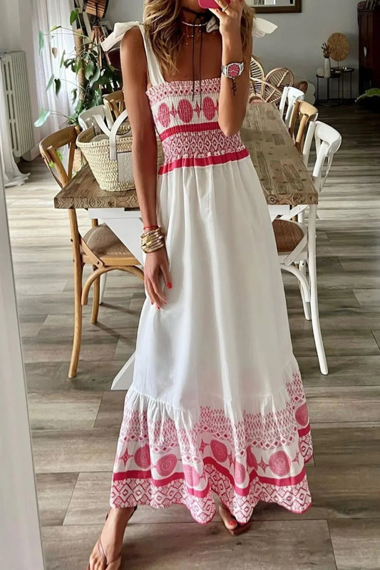 Smocked Printed Maxi Dress with Tie Shoulder Detail