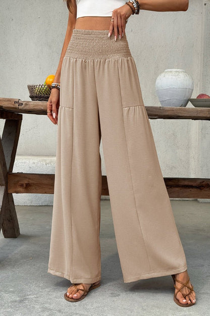 Refined Boho Wide Leg Pants with Smocked Waist