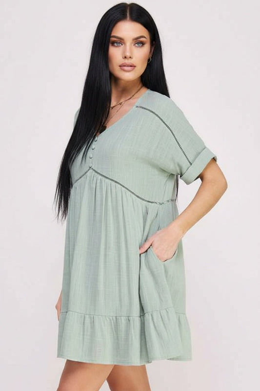 Textured Button‑Down V‑Neck Mini Dress