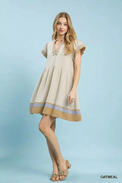 Umgee Linen Color Block Flutter Sleeve Dress