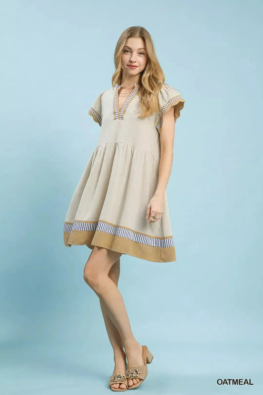 Umgee Linen Color Block Flutter Sleeve Dress