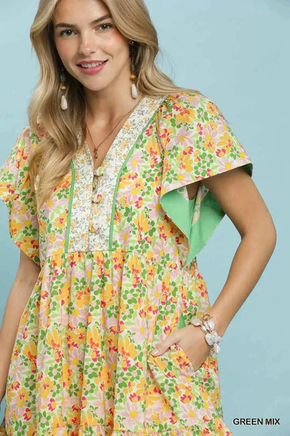 Umgee Mix Floral Tiered Mini Dress with Side Pockets