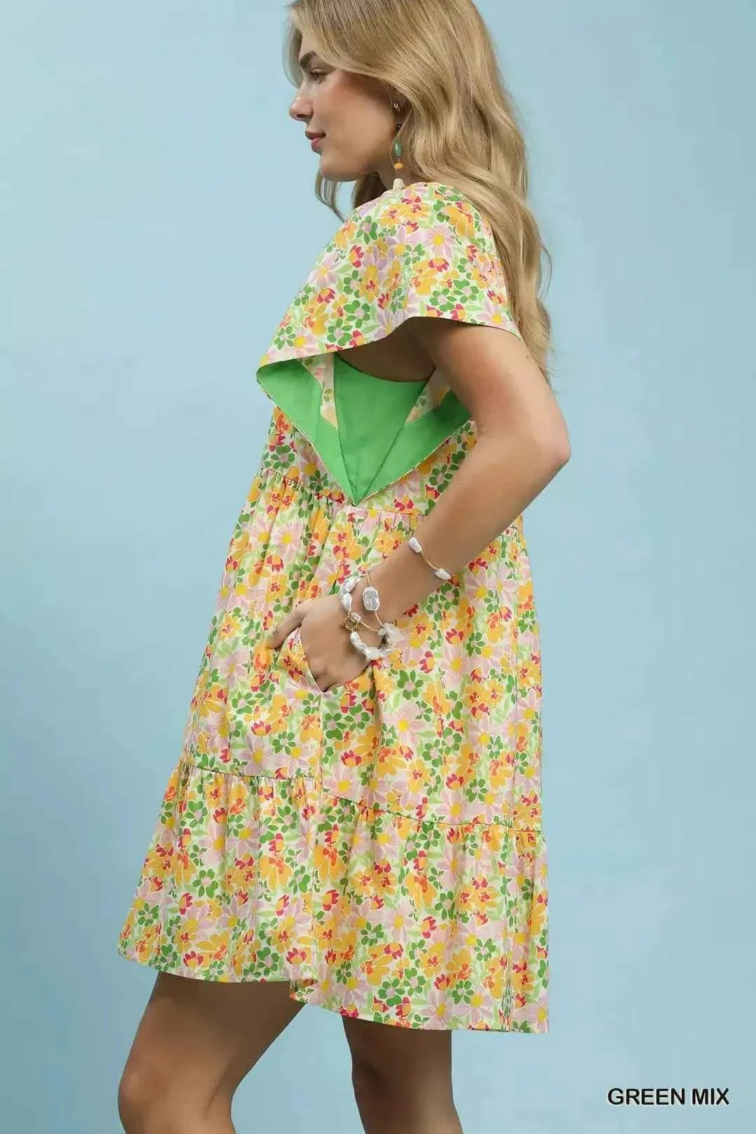 Umgee Mix Floral Tiered Mini Dress with Side Pockets
