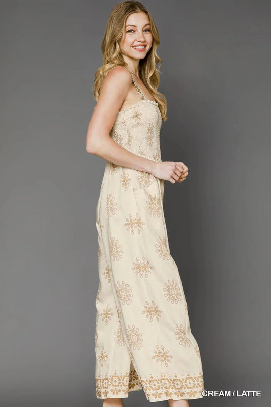 Umgee Wide Leg Jumpsuit with Smocked Print Design