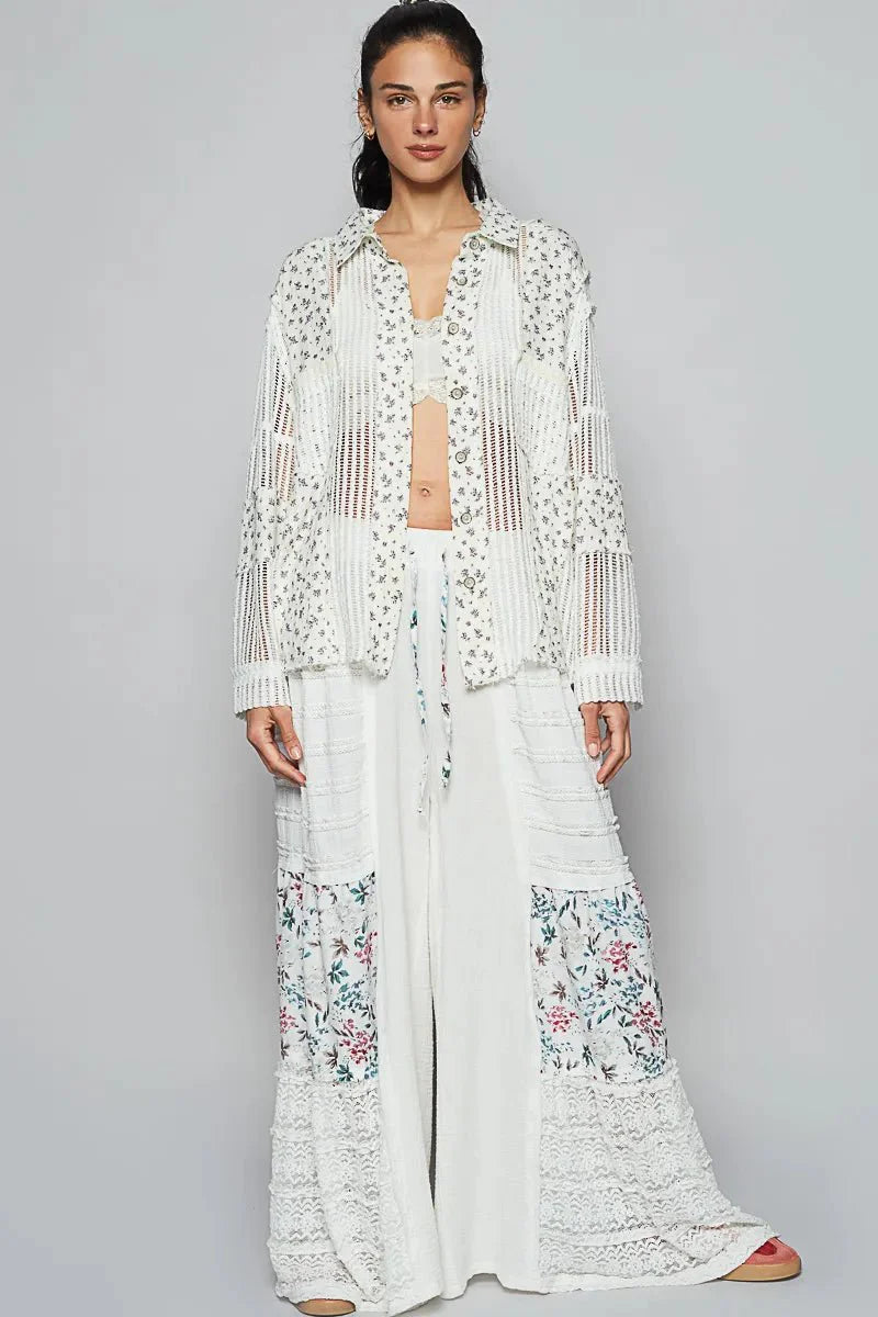 POL Floral Crochet Patchwork Long Sleeve Shirt
