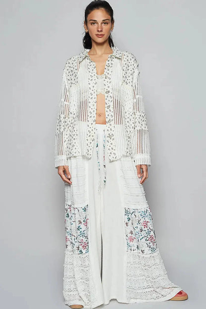 POL Floral Crochet Patchwork Long Sleeve Shirt