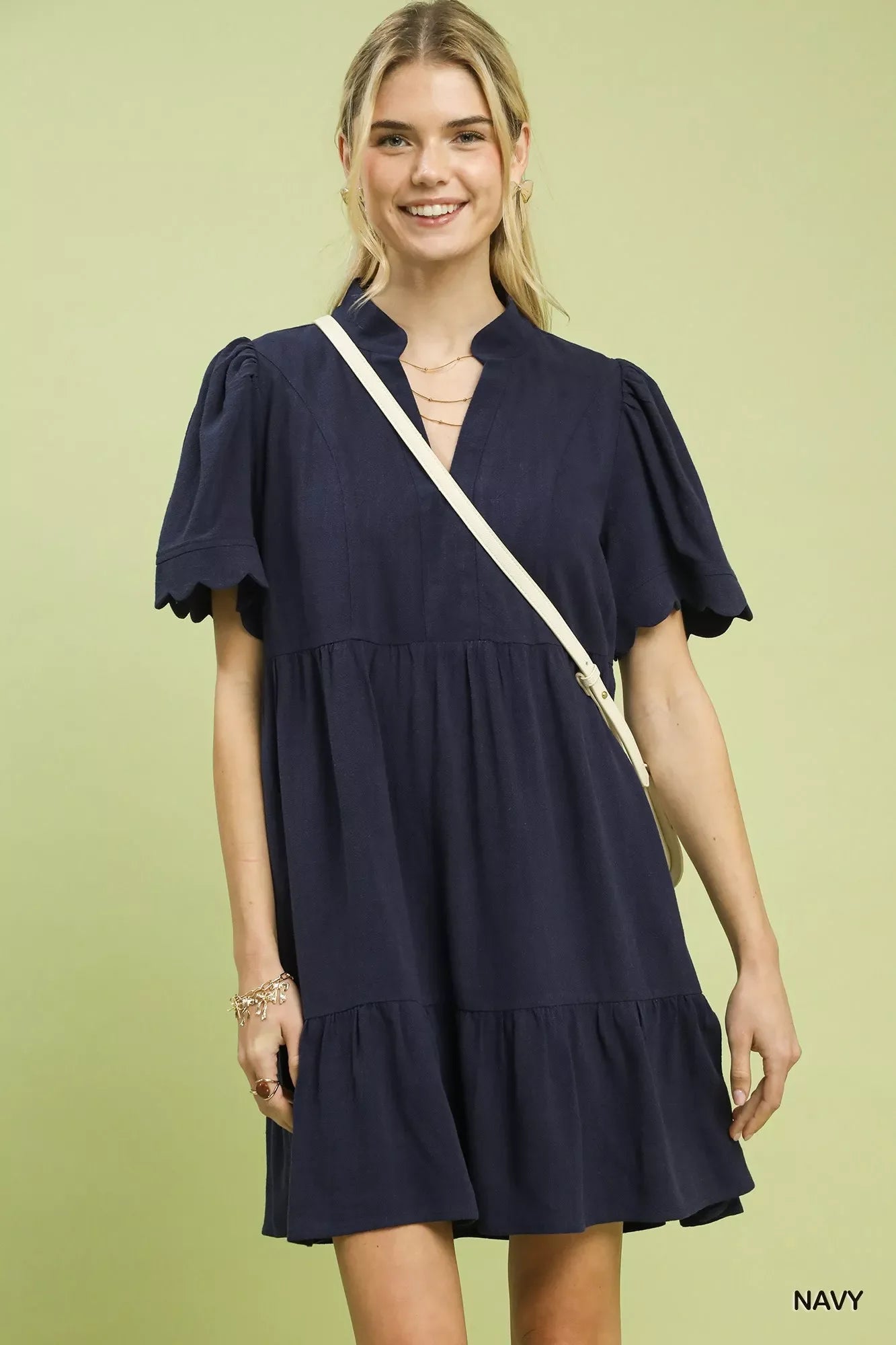 Umgee Linen Babydoll Dress with Scalloped Sleeves - Tiered Design