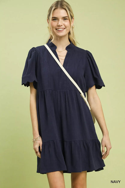 Umgee Linen Babydoll Dress with Scalloped Sleeves - Tiered Design
