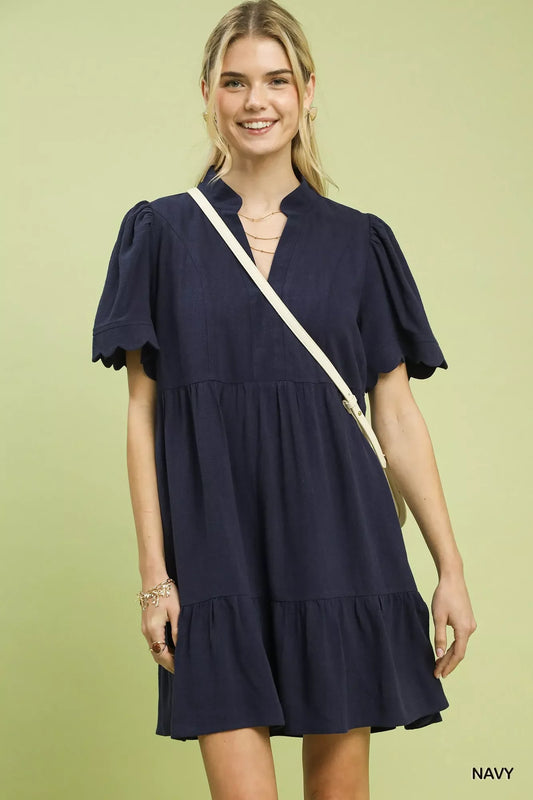 Umgee Linen Babydoll Dress with Scalloped Sleeves - Tiered Design