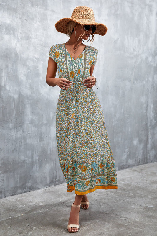 V-Neck Maxi Dress with Short Sleeves and Stunning Print