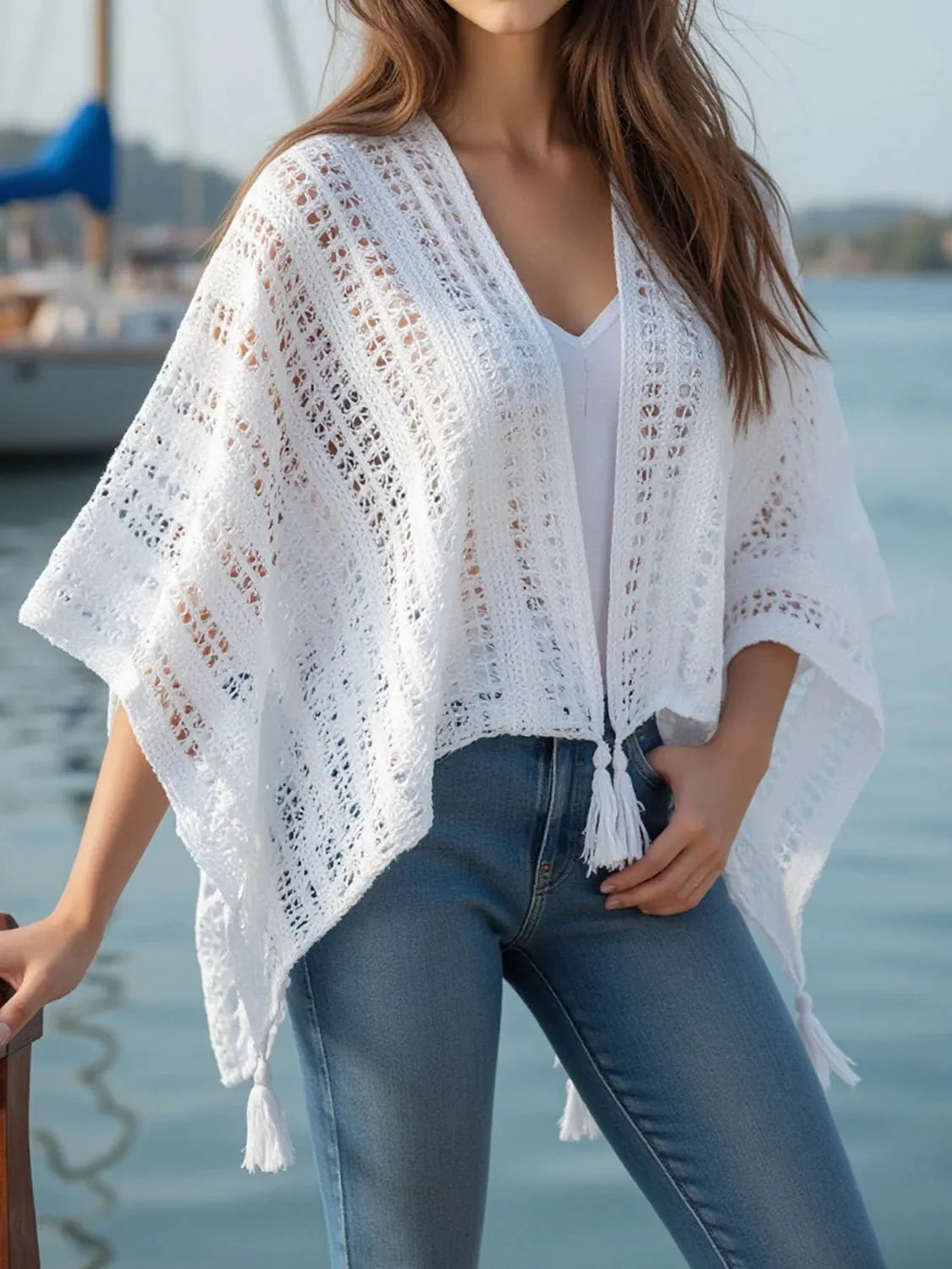 Openwork Tassel Open Front Knit Cover Up for Effortless Style